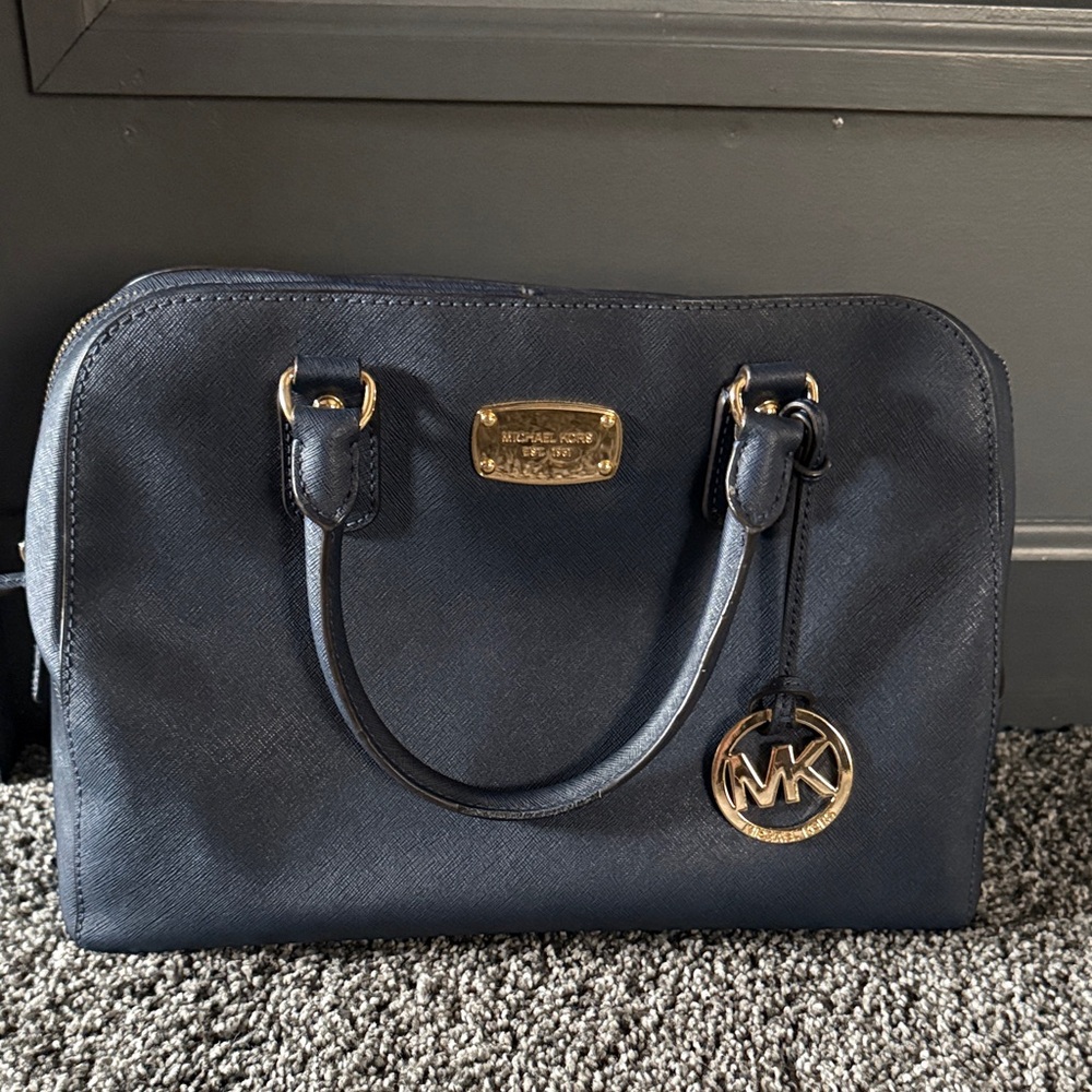 Michael Kors Navy Satchel with Gold Accents